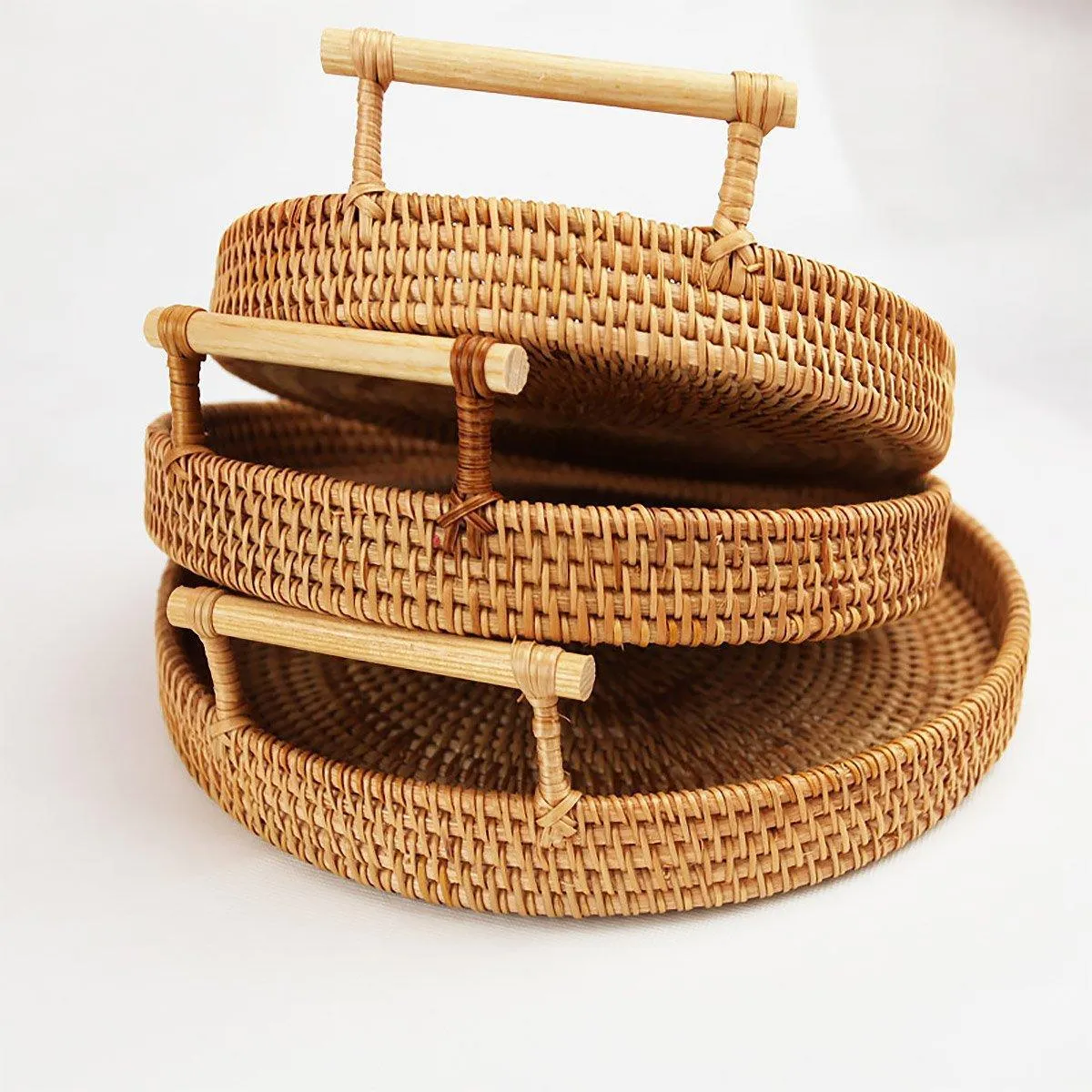 Round Rattan Hand Woven Storage Basket Bread Fruit Serving Tray Kitchen Container