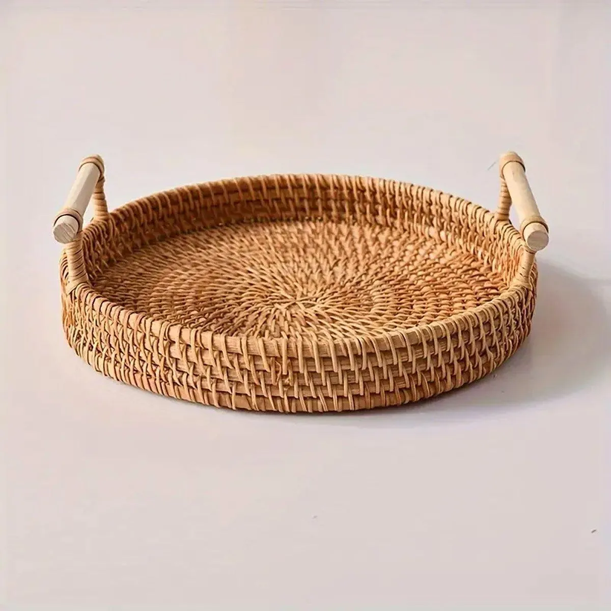 Round Rattan Hand Woven Storage Basket Bread Fruit Serving Tray Kitchen Container