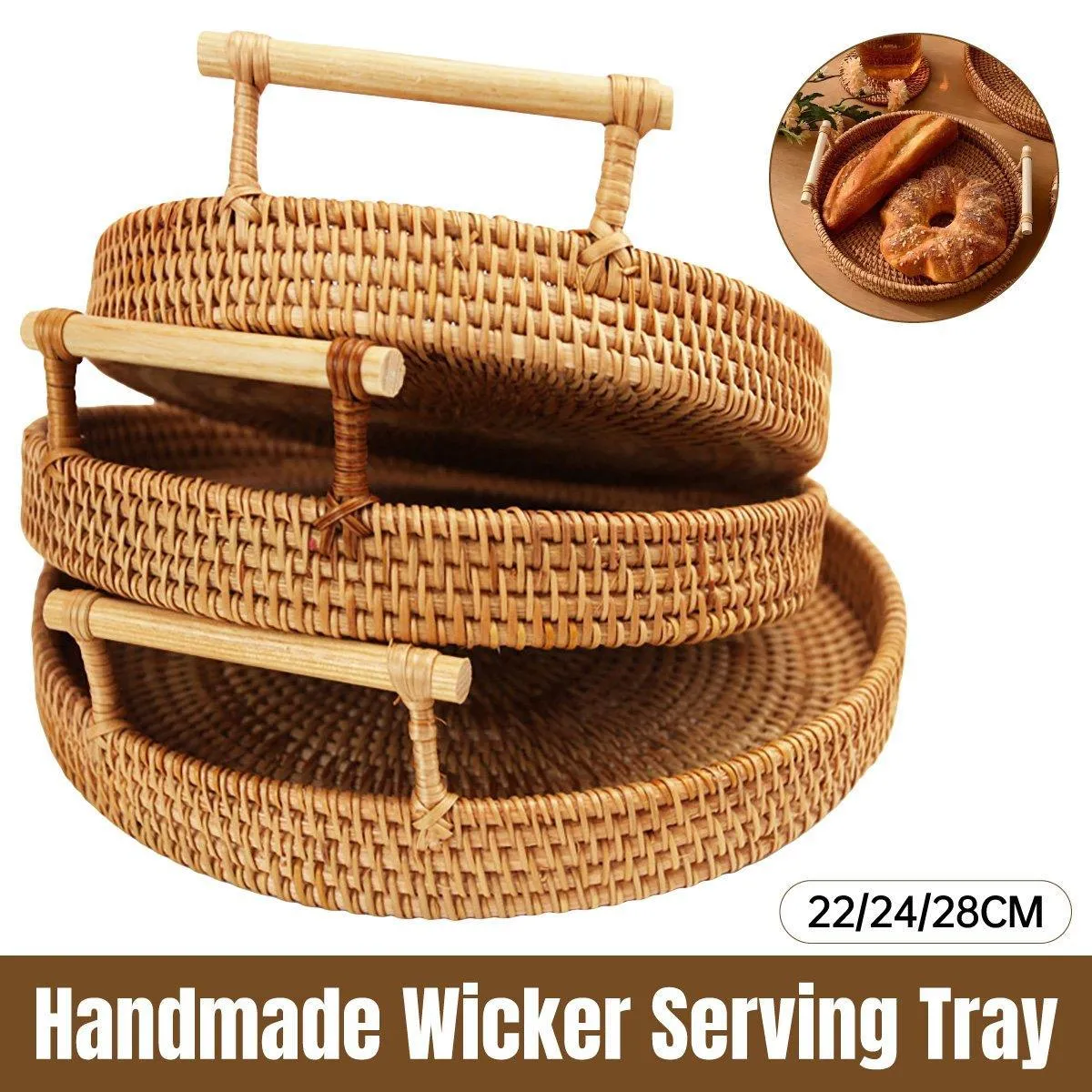 Round Rattan Hand Woven Storage Basket Bread Fruit Serving Tray Kitchen Container