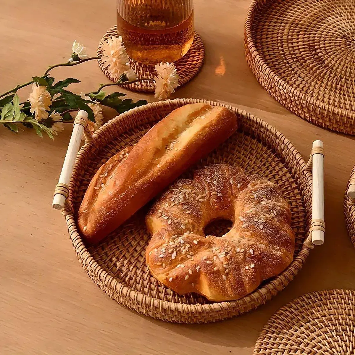 Round Rattan Hand Woven Storage Basket Bread Fruit Serving Tray Kitchen Container