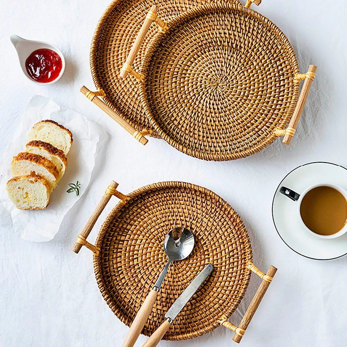 Round Rattan Hand Woven Storage Basket Bread Fruit Serving Tray Kitchen Container