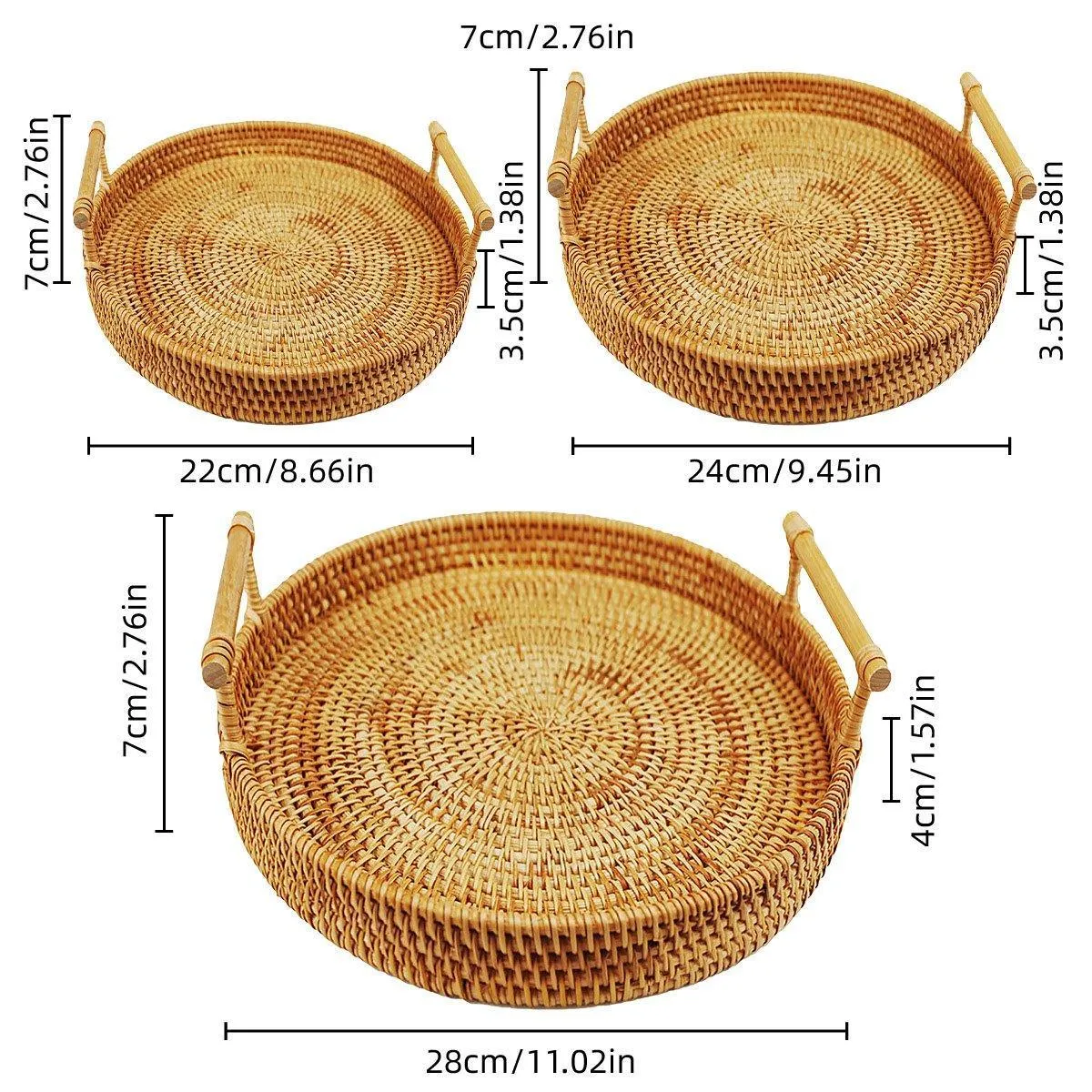 Round Rattan Hand Woven Storage Basket Bread Fruit Serving Tray Kitchen Container