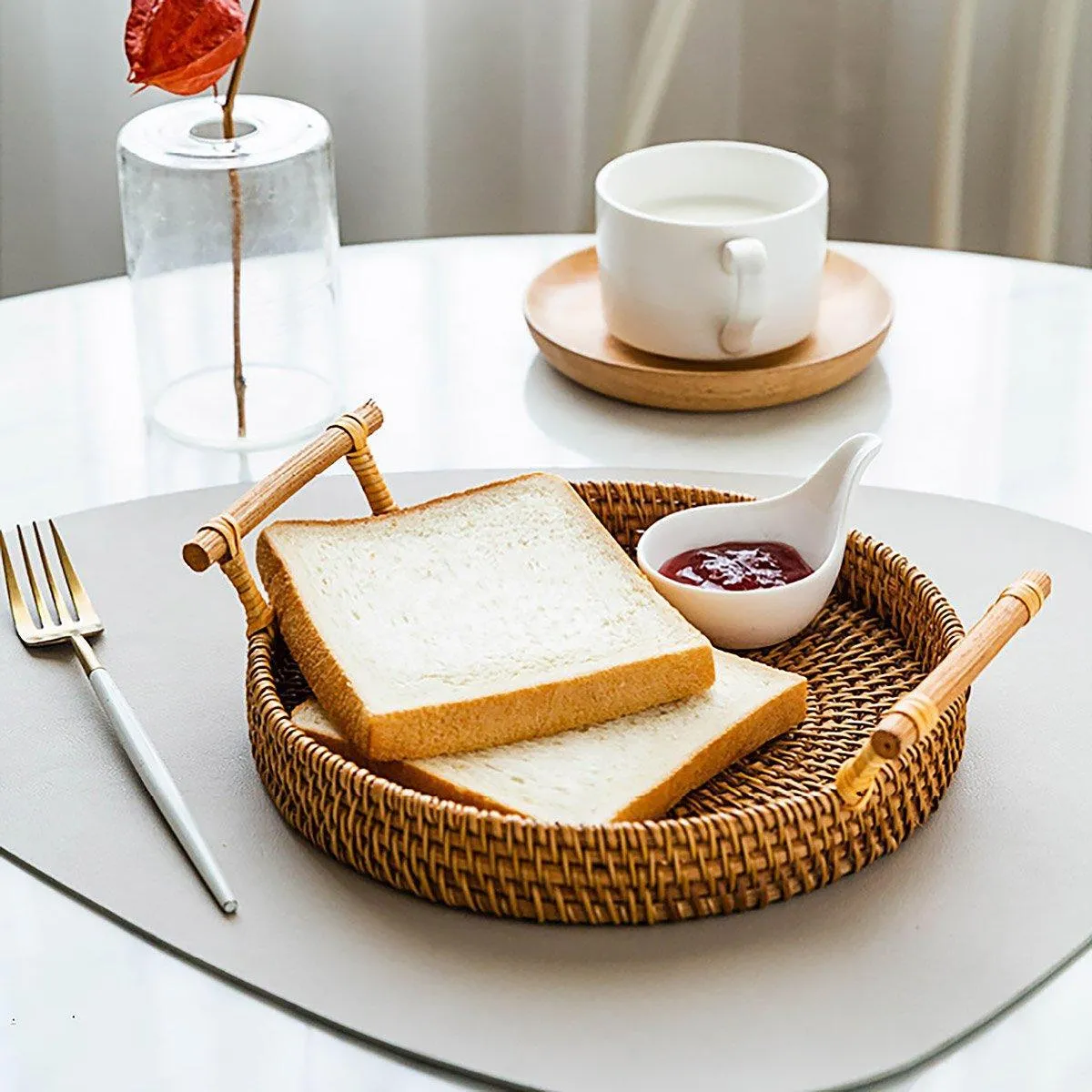 Round Rattan Hand Woven Storage Basket Bread Fruit Serving Tray Kitchen Container