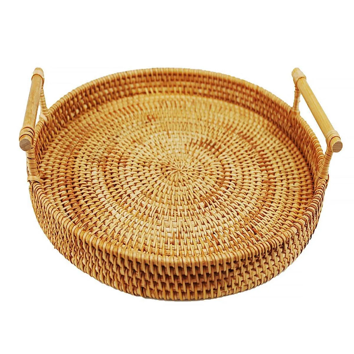 Round Rattan Hand Woven Storage Basket Bread Fruit Serving Tray Kitchen Container