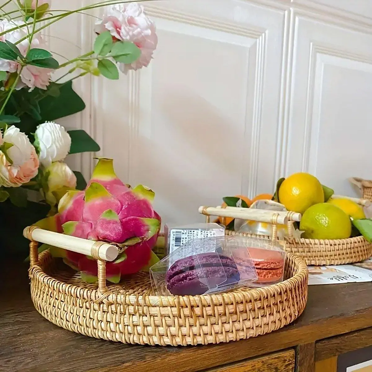 Round Rattan Hand Woven Storage Basket Bread Fruit Serving Tray Kitchen Container