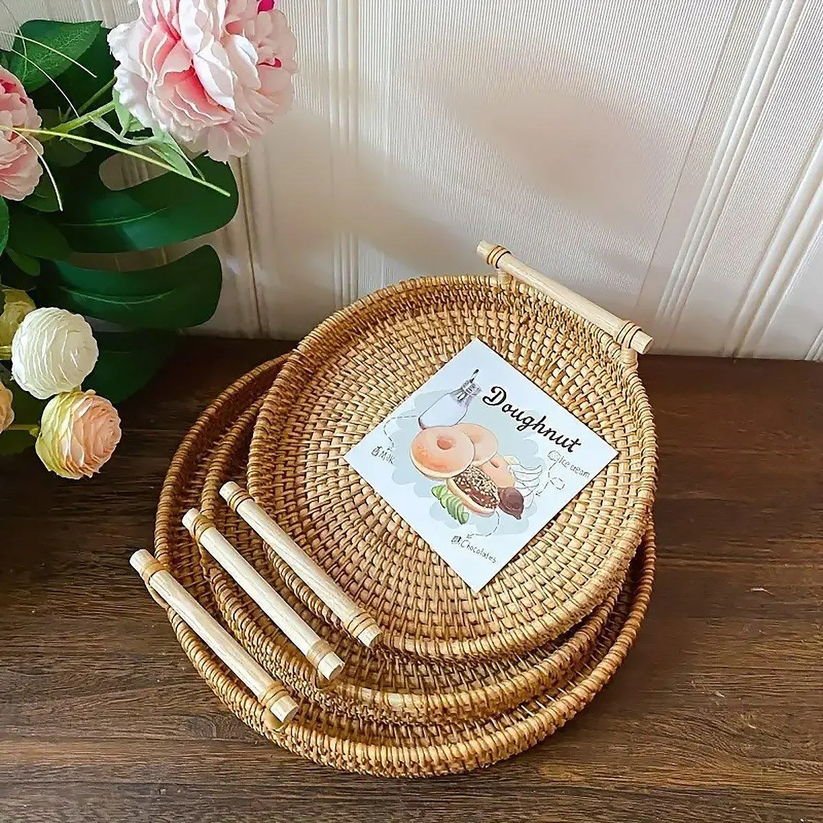 Round Rattan Hand Woven Storage Basket Bread Fruit Serving Tray Kitchen Container