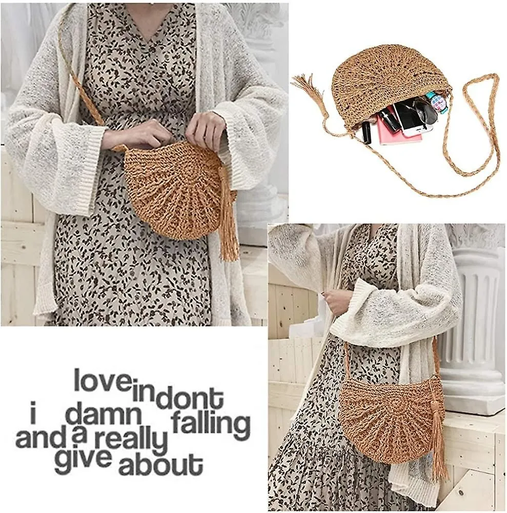 Round Straw Bag Handwoven Summer Beach Shoulder Bag Rattan Crossbody