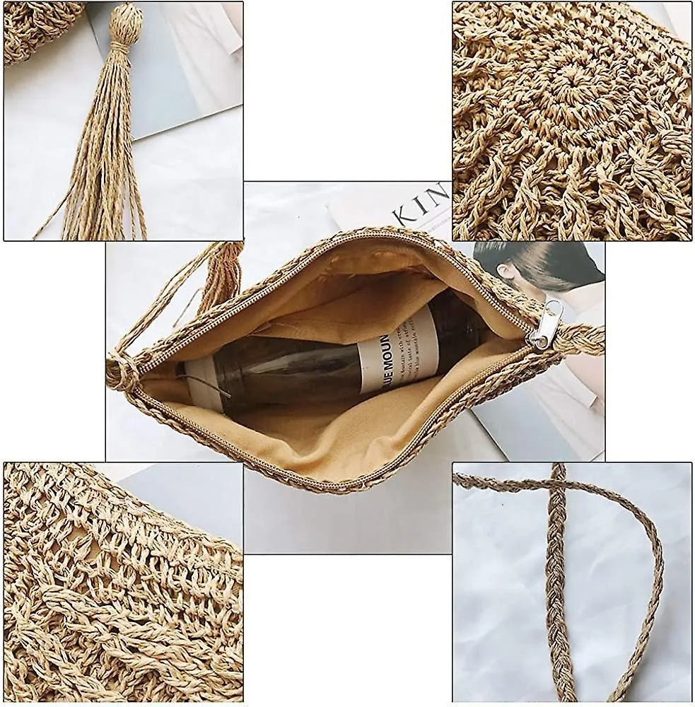 Round Straw Bag Handwoven Summer Beach Shoulder Bag Rattan Crossbody