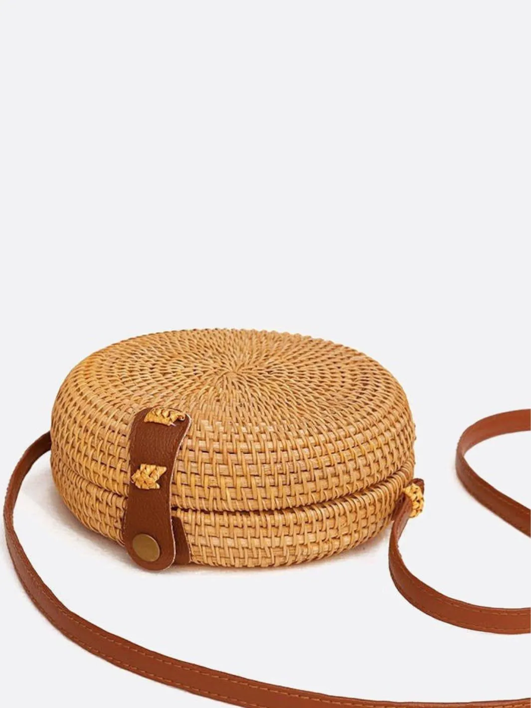 Round Straw-Woven Rattan Crossbody Bag