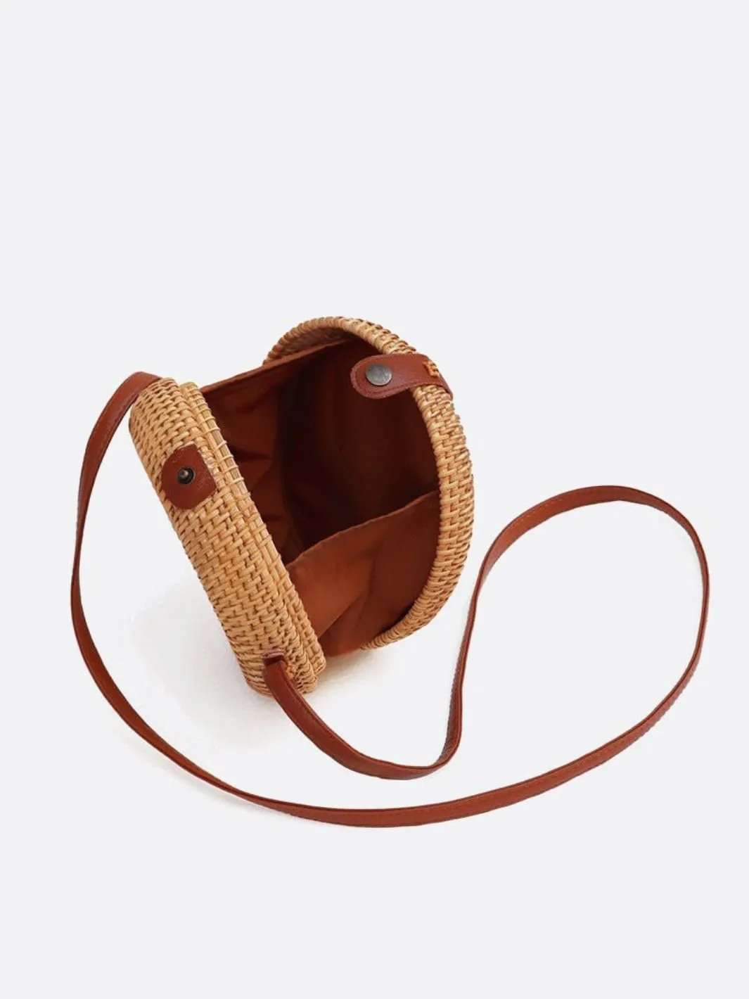 Round Straw-Woven Rattan Crossbody Bag