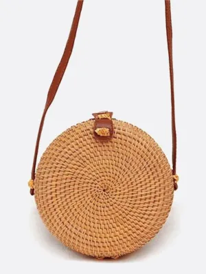 Round Straw-Woven Rattan Crossbody Bag