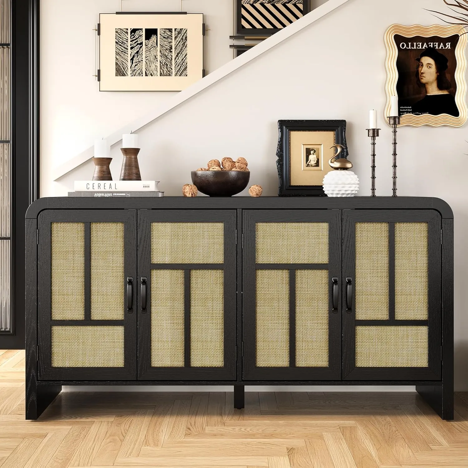 RoyalCraft Buffet Cabinet with Storage Sideboard Accent Farmhouse Credenza with 4 Doors & Shelves Rattan 59" Media Console Boho Coffee Bar Table for Living Room Kitchen Dining Room Hallway