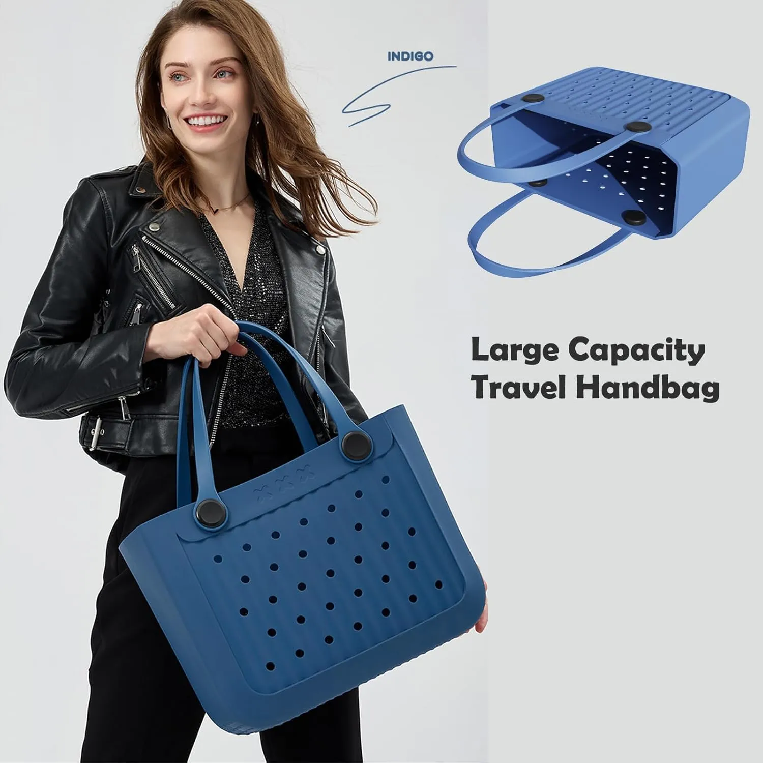 Rubber Beach Tote Bag, Waterproof EVA Travel Tote Washable Beach Handbags for Sports Outdoor Anti-Tip Bag