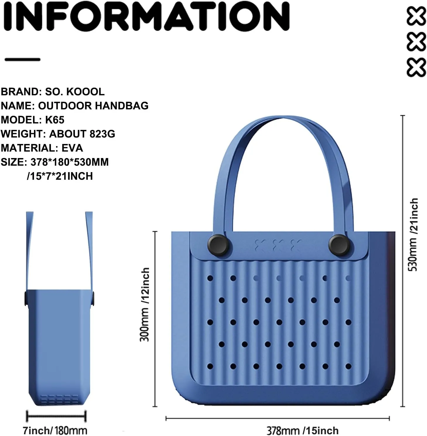 Rubber Beach Tote Bag, Waterproof EVA Travel Tote Washable Beach Handbags for Sports Outdoor Anti-Tip Bag