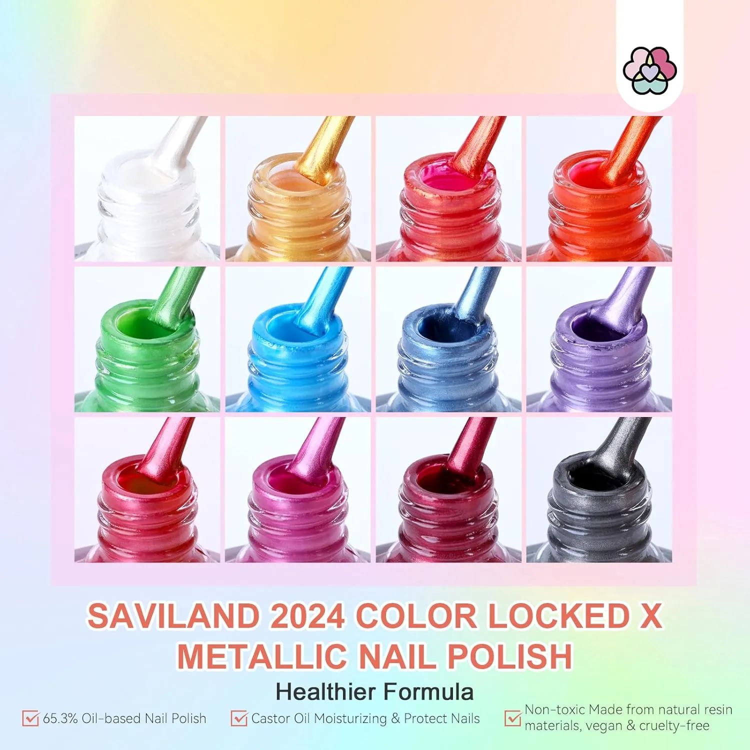 SAVILAND Metallic Nail Polish Quick Dry 12pcs: Neon Colors Chrome Long-Lasting Regular Bulk Summer Fingernail Polish Kit Base-Top Coat Glossy Matte Toe Nail Art Home Salon DIY