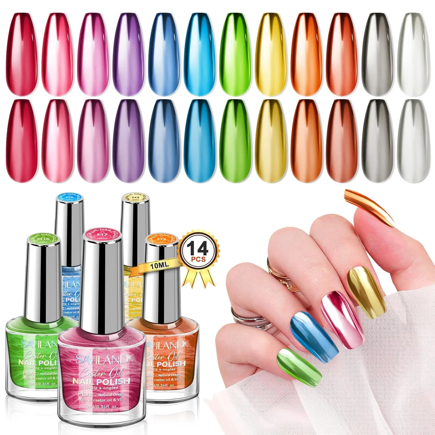 SAVILAND Metallic Nail Polish Quick Dry 12pcs: Neon Colors Chrome Long-Lasting Regular Bulk Summer Fingernail Polish Kit Base-Top Coat Glossy Matte Toe Nail Art Home Salon DIY