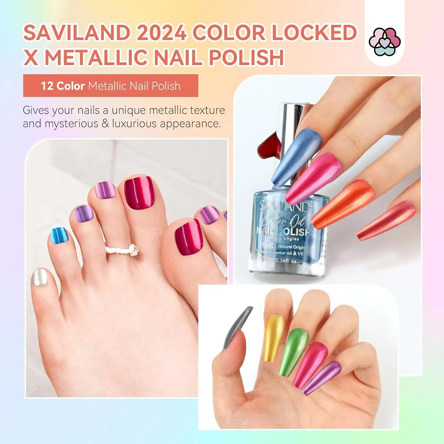SAVILAND Metallic Nail Polish Quick Dry 12pcs: Neon Colors Chrome Long-Lasting Regular Bulk Summer Fingernail Polish Kit Base-Top Coat Glossy Matte Toe Nail Art Home Salon DIY