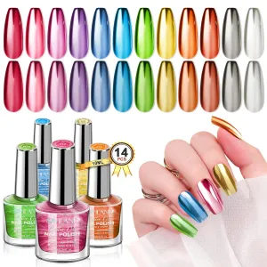 SAVILAND Metallic Nail Polish Quick Dry 12pcs: Neon Colors Chrome Long-Lasting Regular Bulk Summer Fingernail Polish Kit Base-Top Coat Glossy Matte Toe Nail Art Home Salon DIY