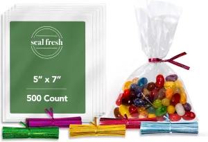 Seal Fresh Cellophane Treat Bags With 4" Holographic Laser Twist Ties (5 Colors) – 5" x 7" (500 Count) – Clear Cellophane Bags, Cellophane Gift Bags