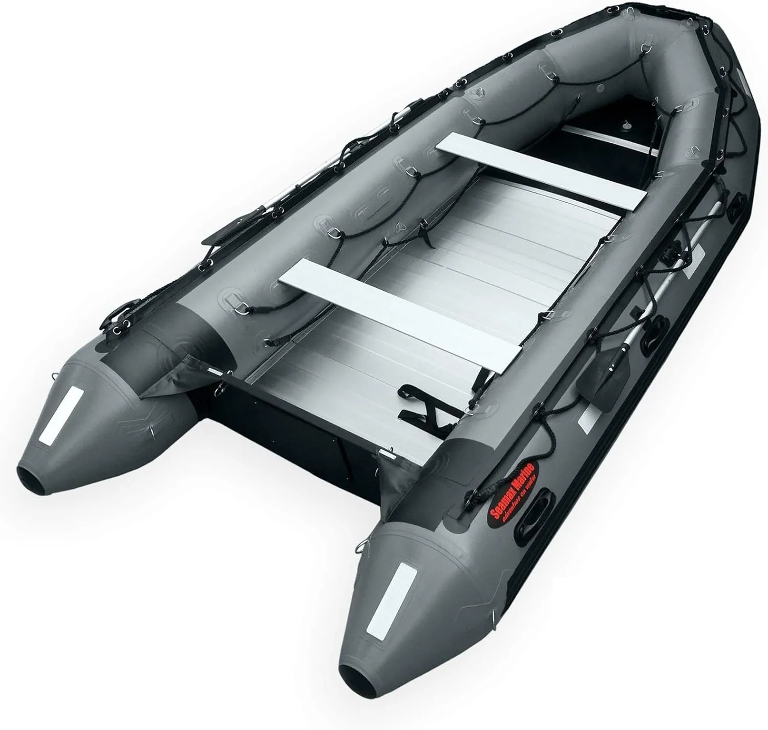 Seamax Ocean380T 12.5 Feet Commercial Grade Inflatable Boat, 5 Pontoon Chambers, Aluminum Floor, V Bottom, Max Support 25HP Motor, Coast Guard Standard Reflective Tapes, Multi-Purpose (Dark Grey)
