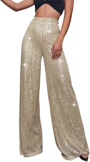Sequin Pants for Women High Waisted Wide Leg Sparkly Pants Elastic Casual Loose Party Clubwear Bling Glitter Trousers
