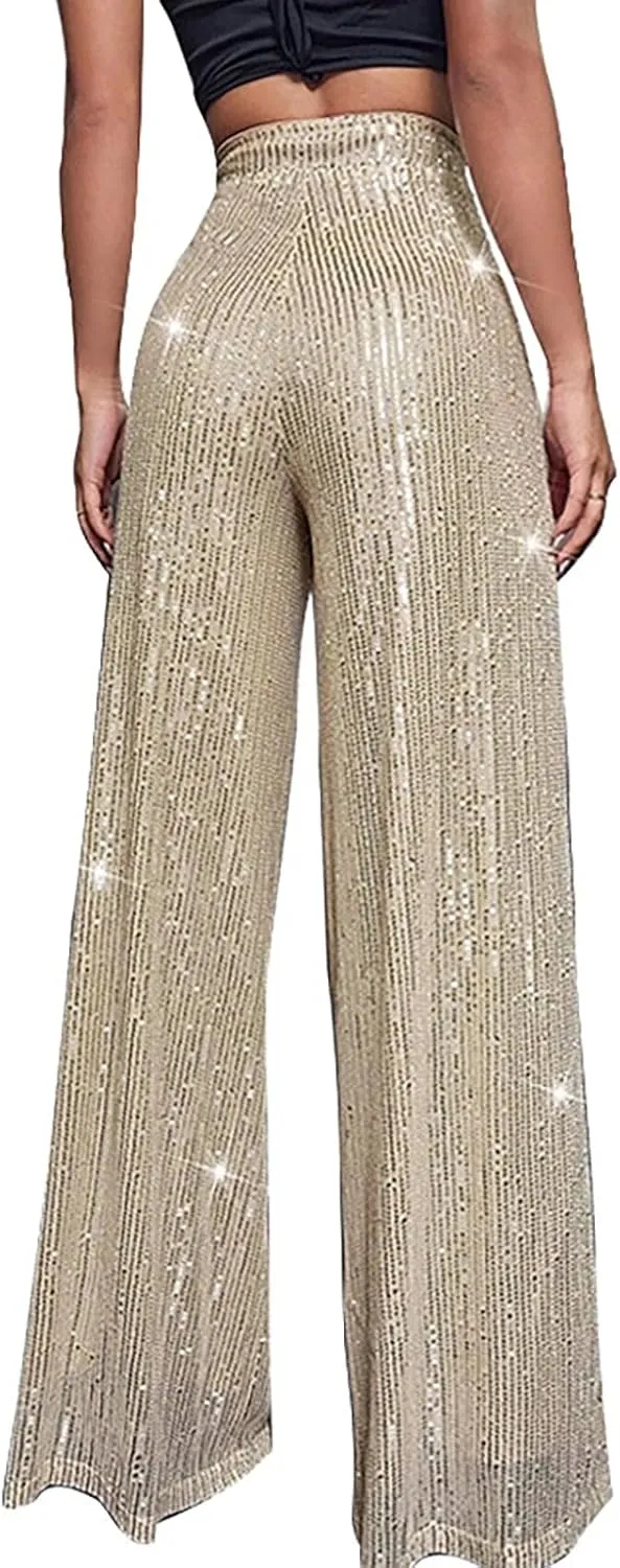 Sequin Pants for Women High Waisted Wide Leg Sparkly Pants Elastic Casual Loose Party Clubwear Bling Glitter Trousers