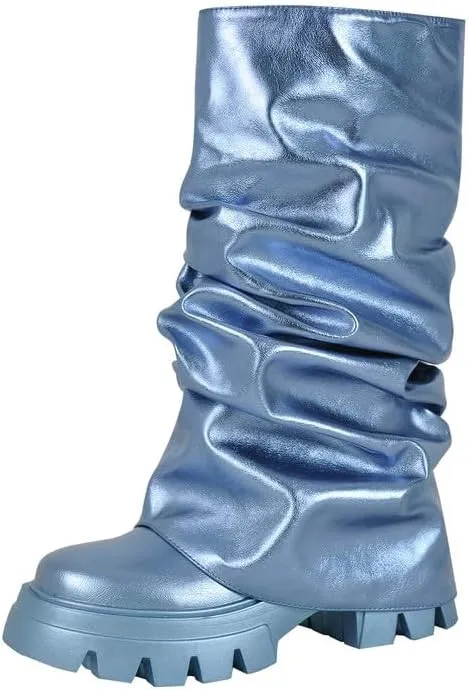 sexytag Women's Metallic Boots Slouchy Foldover Platform Round Toe Western Pull-On Fashion Boots