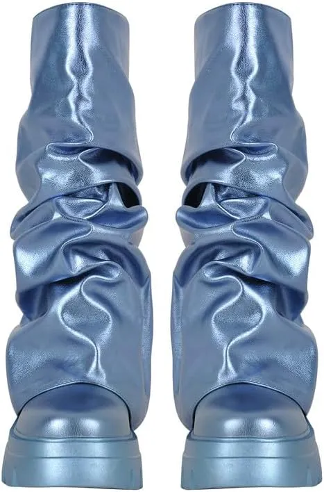sexytag Women's Metallic Boots Slouchy Foldover Platform Round Toe Western Pull-On Fashion Boots