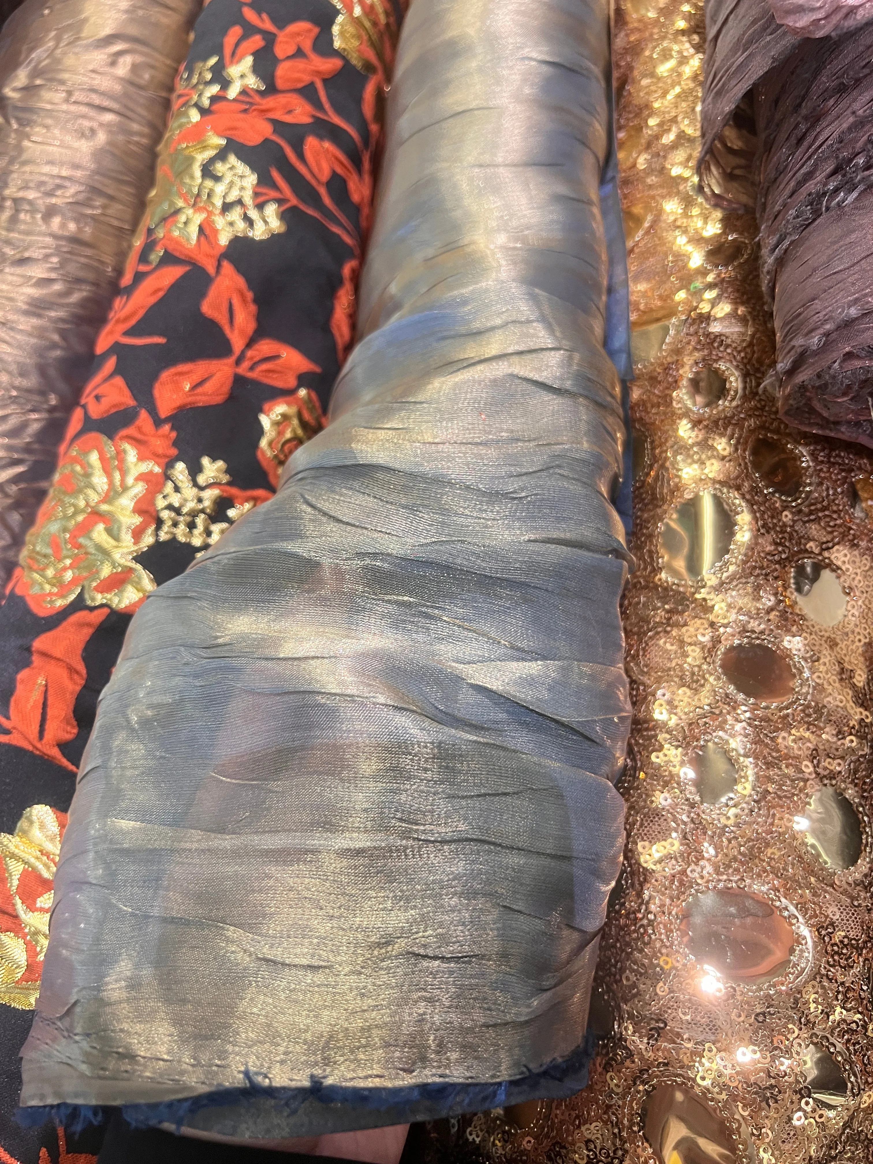 Sheer Crinkled Shot Satin - Gold/Cadet Blue