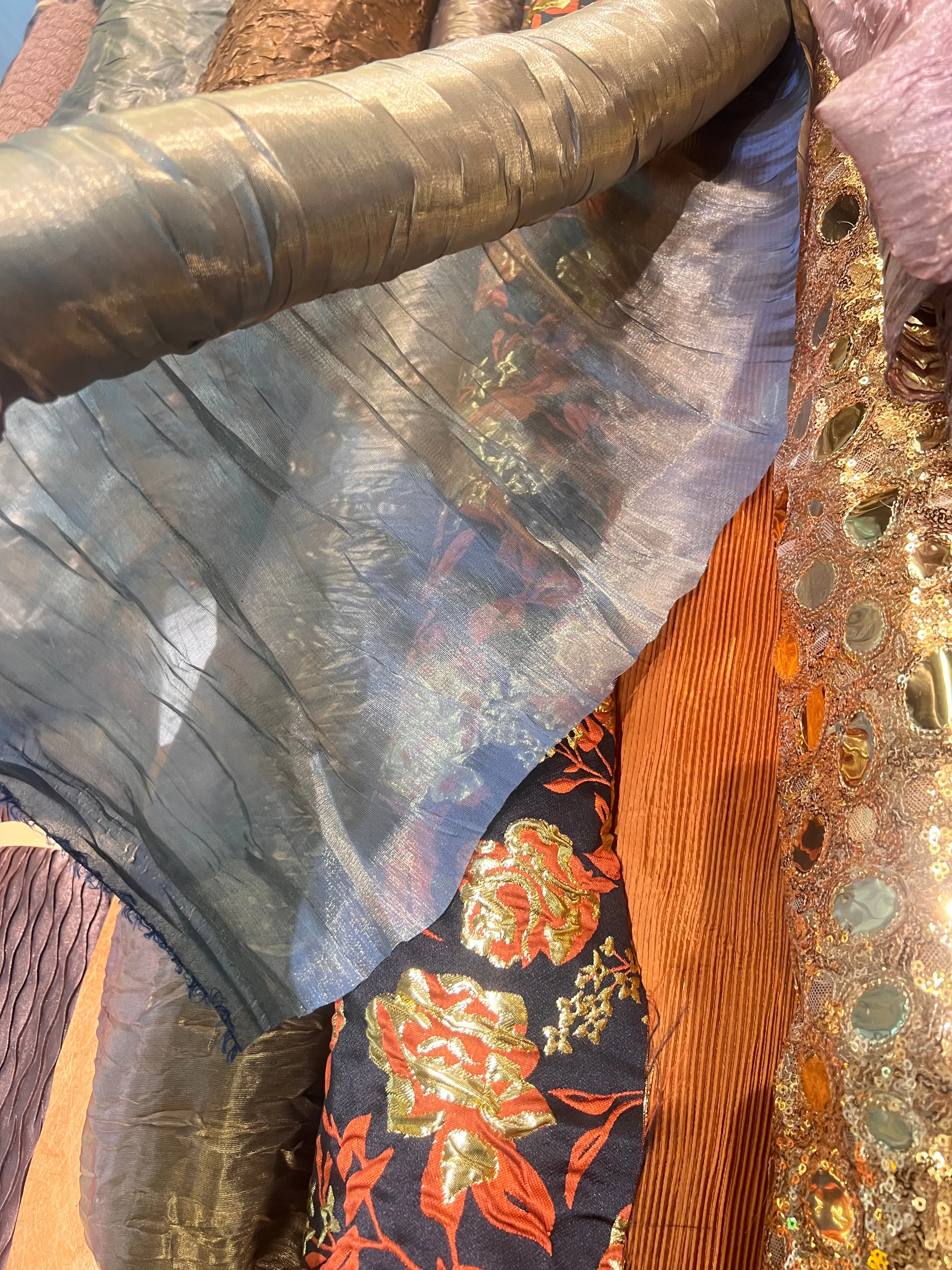 Sheer Crinkled Shot Satin - Gold/Cadet Blue
