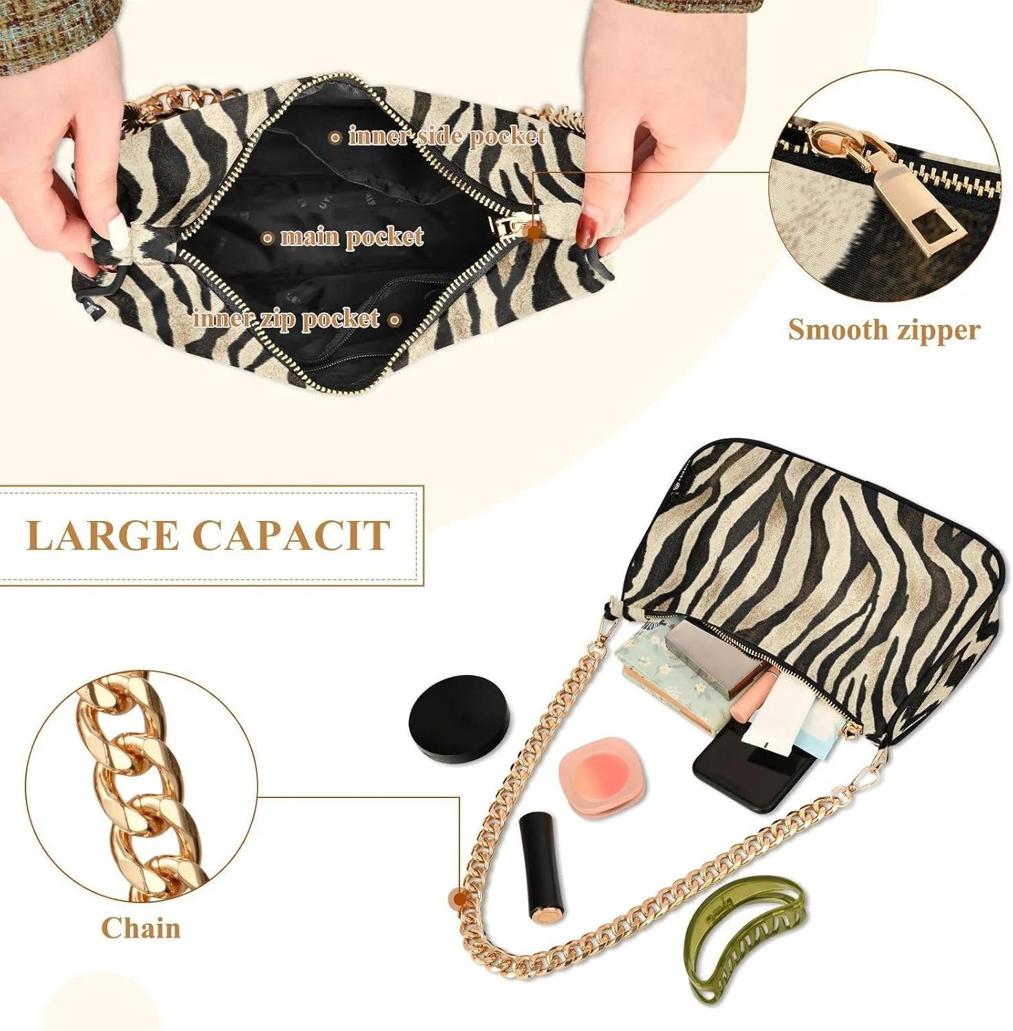 Shoulder Bags for Women Animal Zebra Leopard Cheetah Tiger Print Hobo Tote Handbag Small Clutch Purse with Zipper Closure