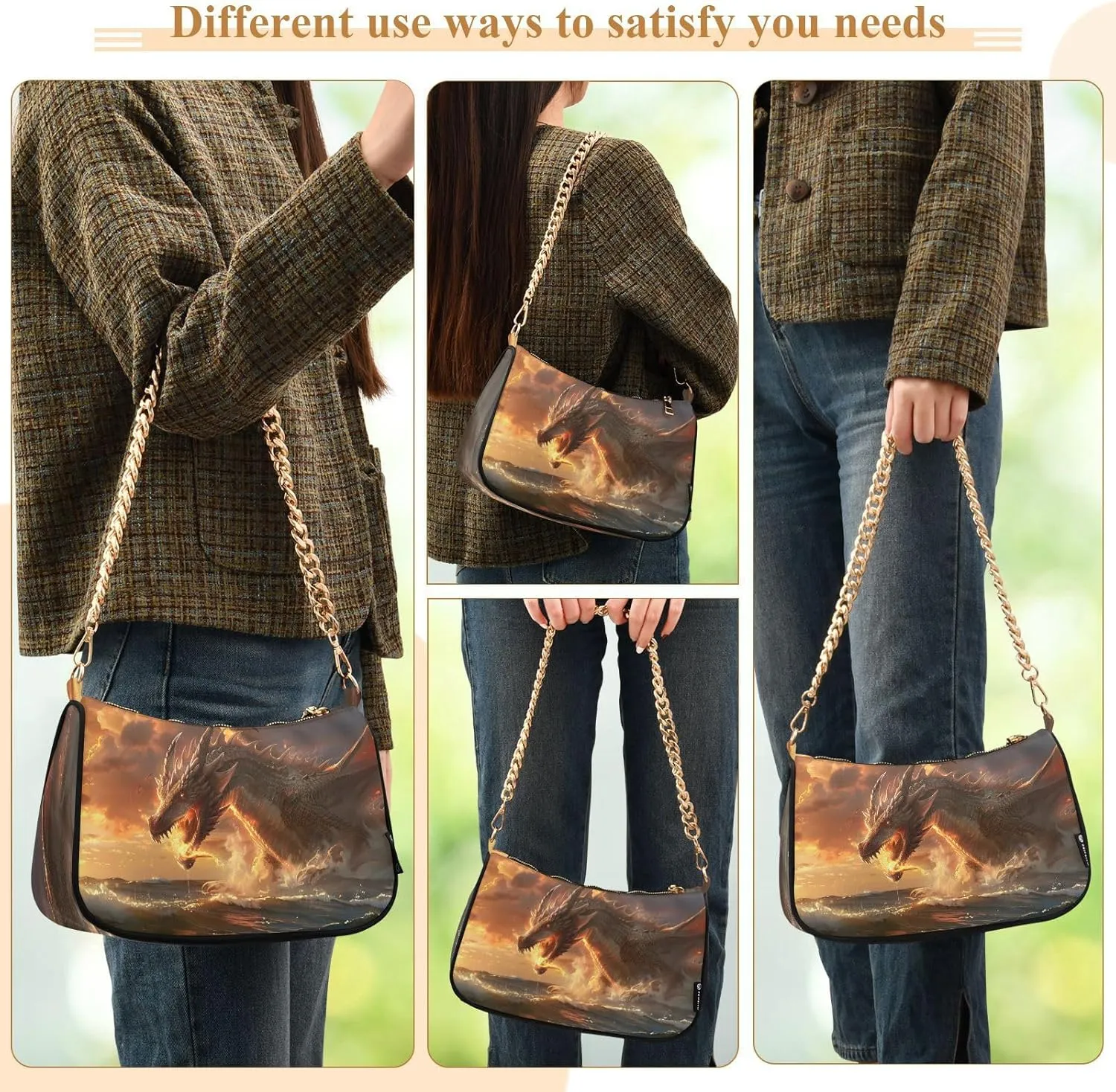 Shoulder Bags for Women Fire Water Dragon Hobo Tote Handbag Small Clutch Purse with Zipper Closure