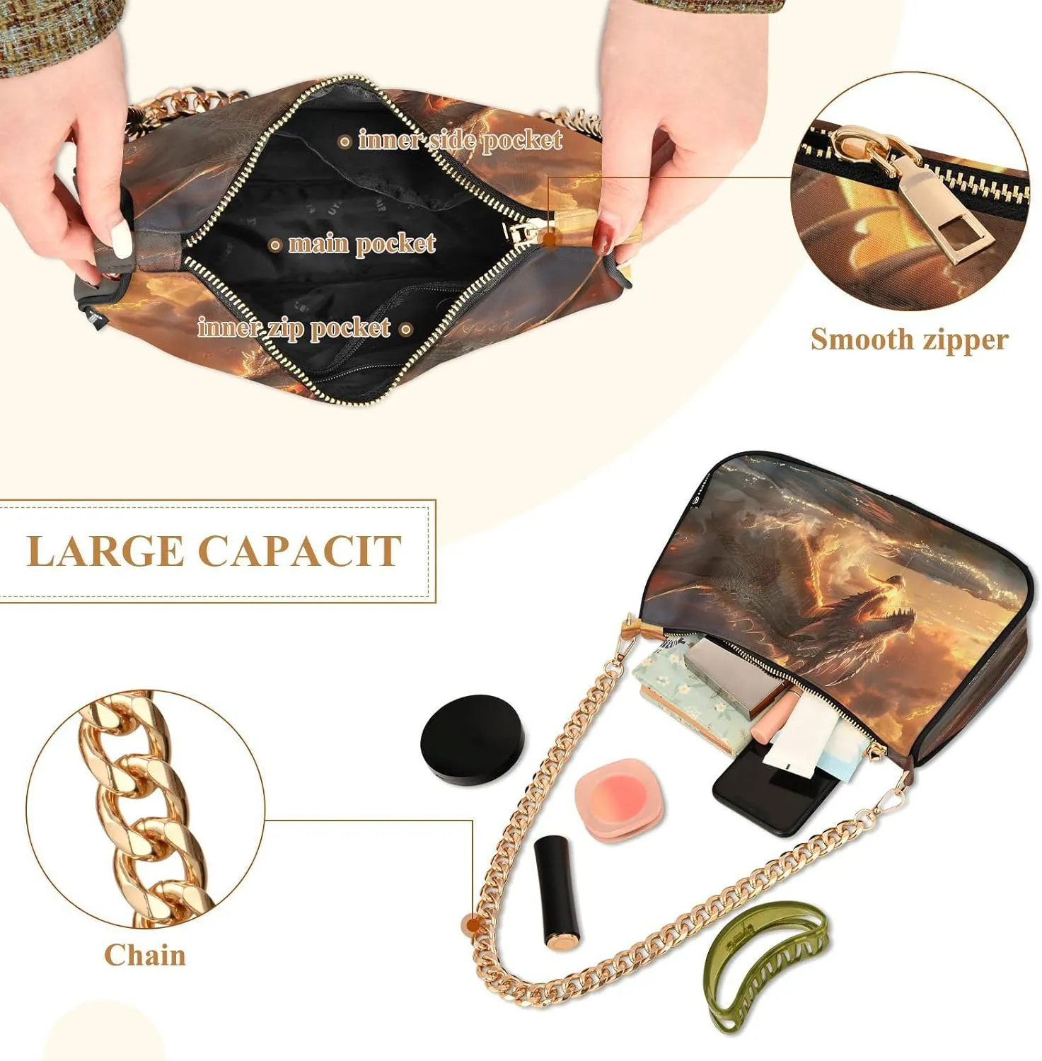 Shoulder Bags for Women Fire Water Dragon Hobo Tote Handbag Small Clutch Purse with Zipper Closure