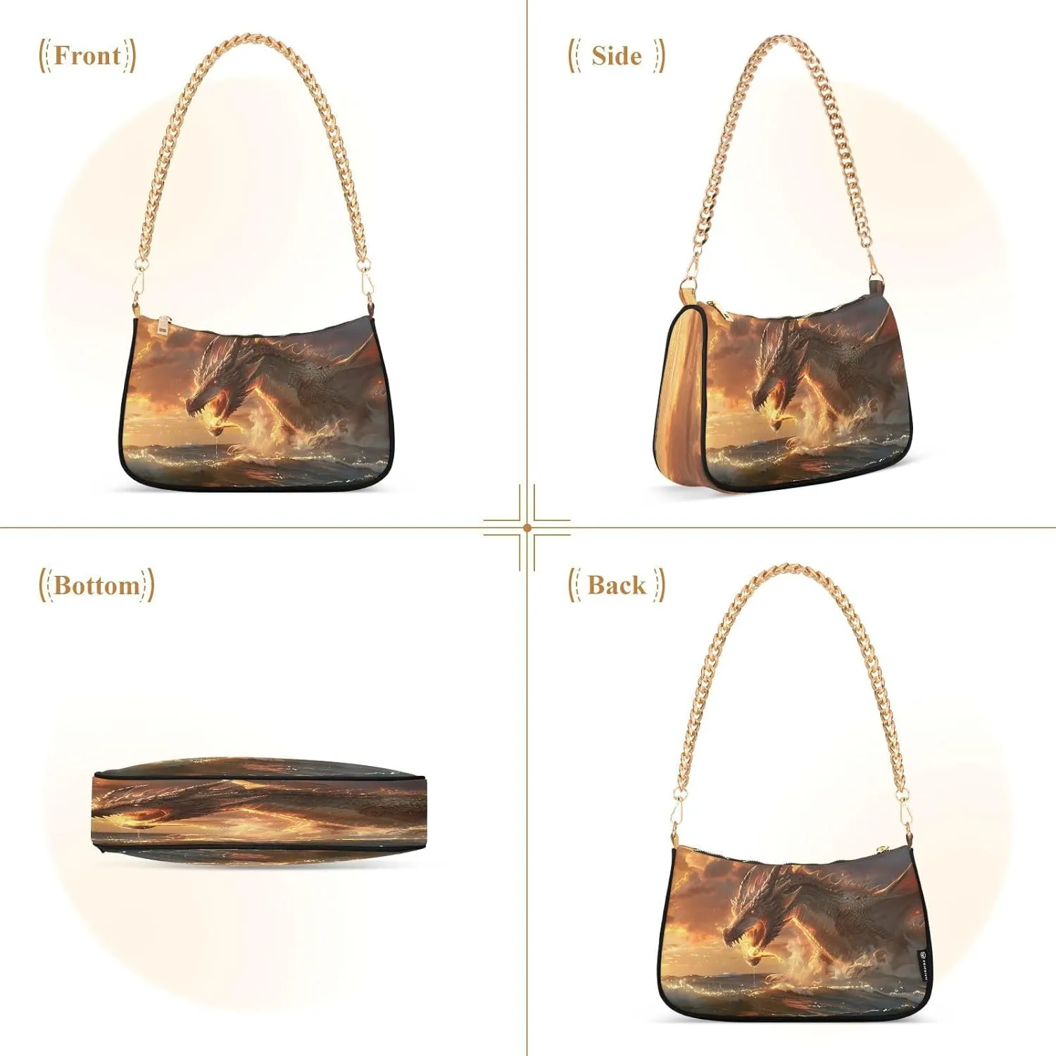 Shoulder Bags for Women Fire Water Dragon Hobo Tote Handbag Small Clutch Purse with Zipper Closure