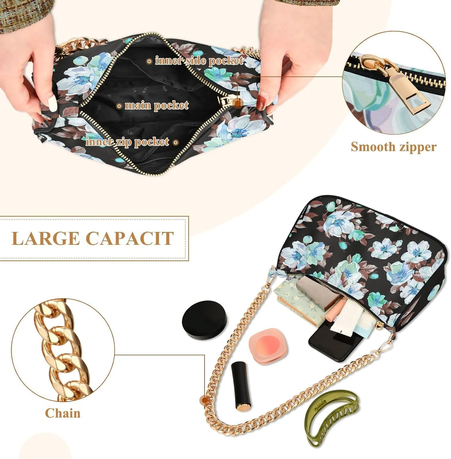 Shoulder Bags for Women Flowers Handbag Small Clutch Purse with Zipper Closure Multicolor 1