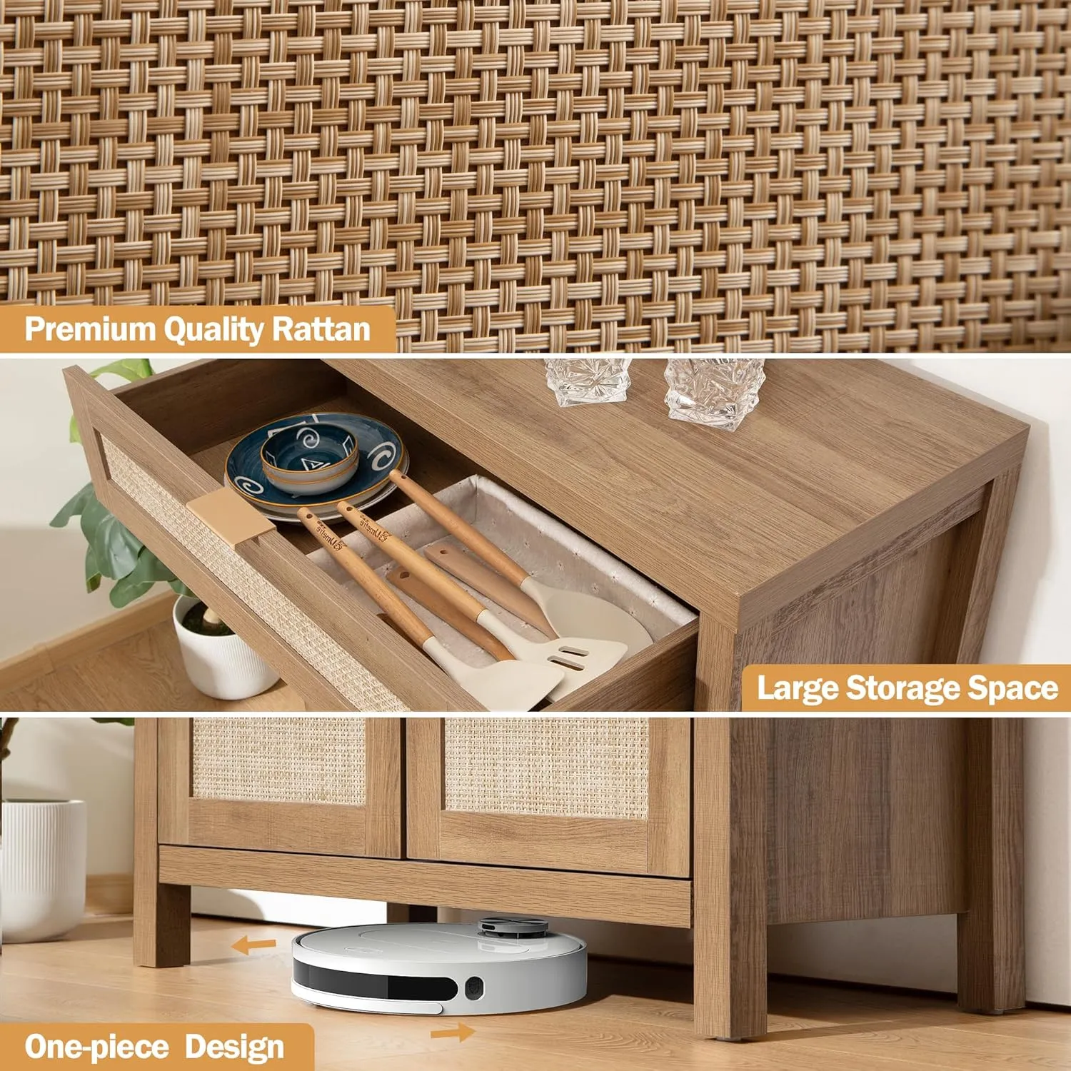 SICOTAS Sideboard Buffet Cabinet Set of 2, Rattan Credenza Storage Cabinet, Boho Buffet Table Console with Drawer, Farmhouse Coffee Bar Cabinet for Entryway Living Dining Room, Natural Oak