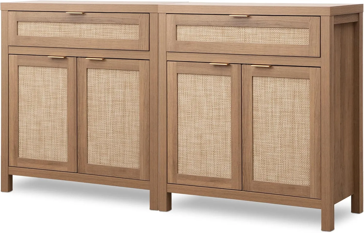 SICOTAS Sideboard Buffet Cabinet Set of 2, Rattan Credenza Storage Cabinet, Boho Buffet Table Console with Drawer, Farmhouse Coffee Bar Cabinet for Entryway Living Dining Room, Natural Oak