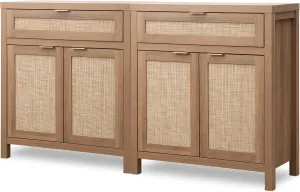 SICOTAS Sideboard Buffet Cabinet Set of 2, Rattan Credenza Storage Cabinet, Boho Buffet Table Console with Drawer, Farmhouse Coffee Bar Cabinet for Entryway Living Dining Room, Natural Oak