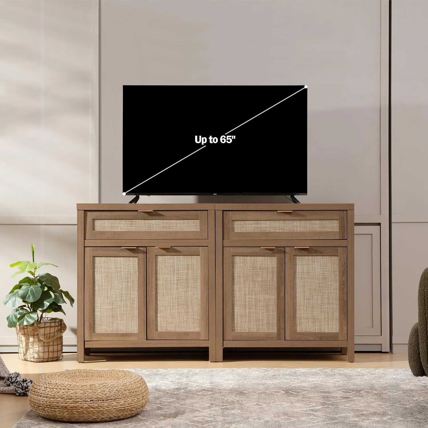 SICOTAS Sideboard Buffet Cabinet Set of 2, Rattan Credenza Storage Cabinet, Boho Buffet Table Console with Drawer, Farmhouse Coffee Bar Cabinet for Entryway Living Dining Room, Natural Oak