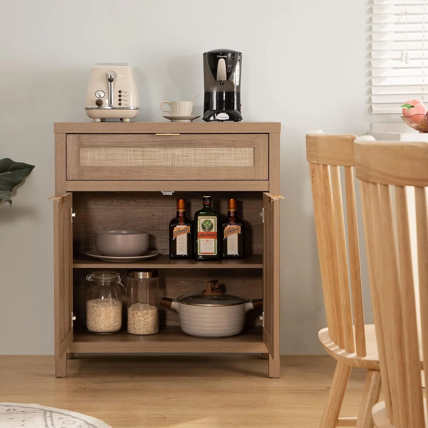 SICOTAS Sideboard Buffet Cabinet Set of 2, Rattan Credenza Storage Cabinet, Boho Buffet Table Console with Drawer, Farmhouse Coffee Bar Cabinet for Entryway Living Dining Room, Natural Oak