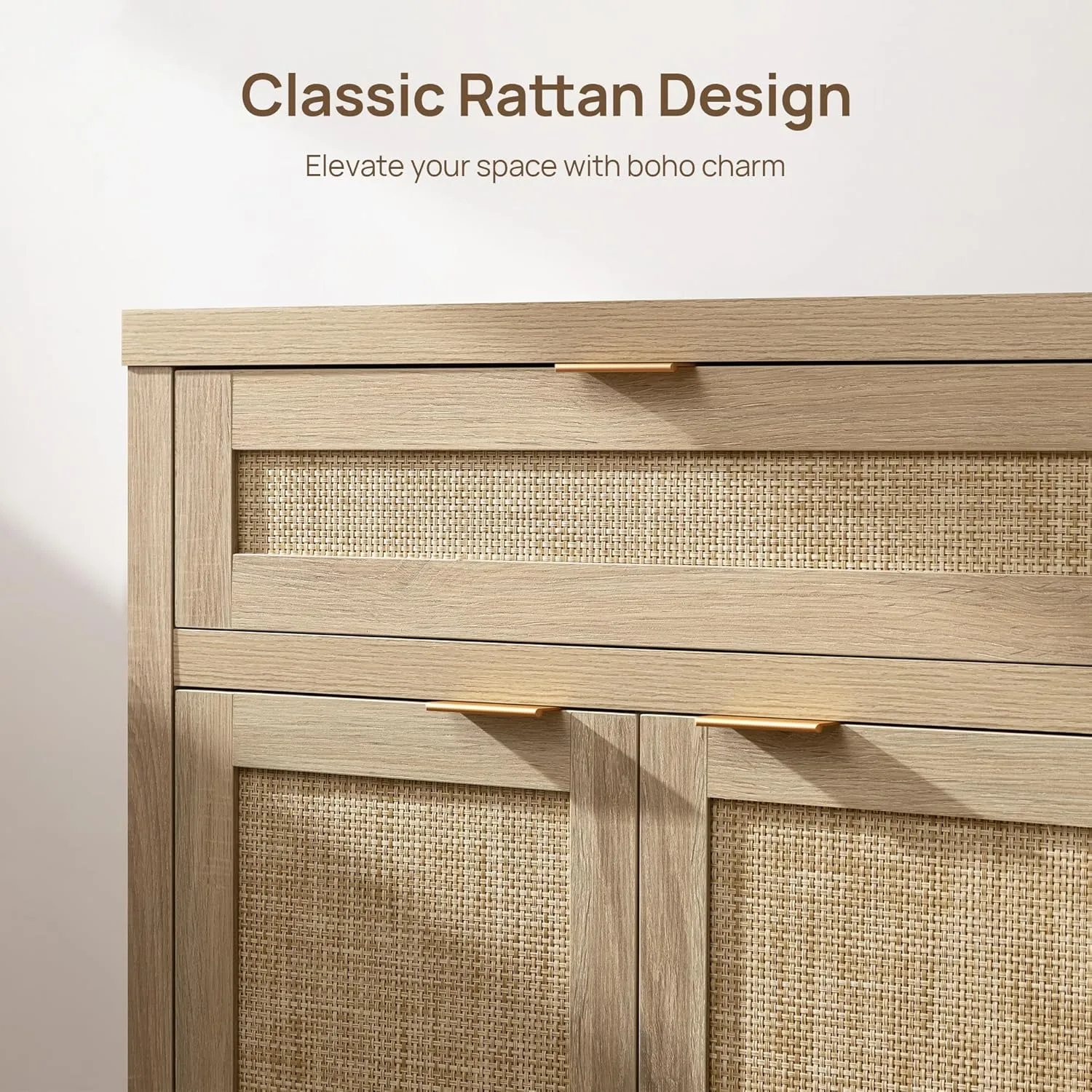 SICOTAS Sideboard Buffet Storage Cabinet Set of 3, Rattan Credenza Buffet Table, Boho Console Accent Cabinet with Doors and Drawer, Coffee Bar for Kitchen Entryway Living Room, Natural