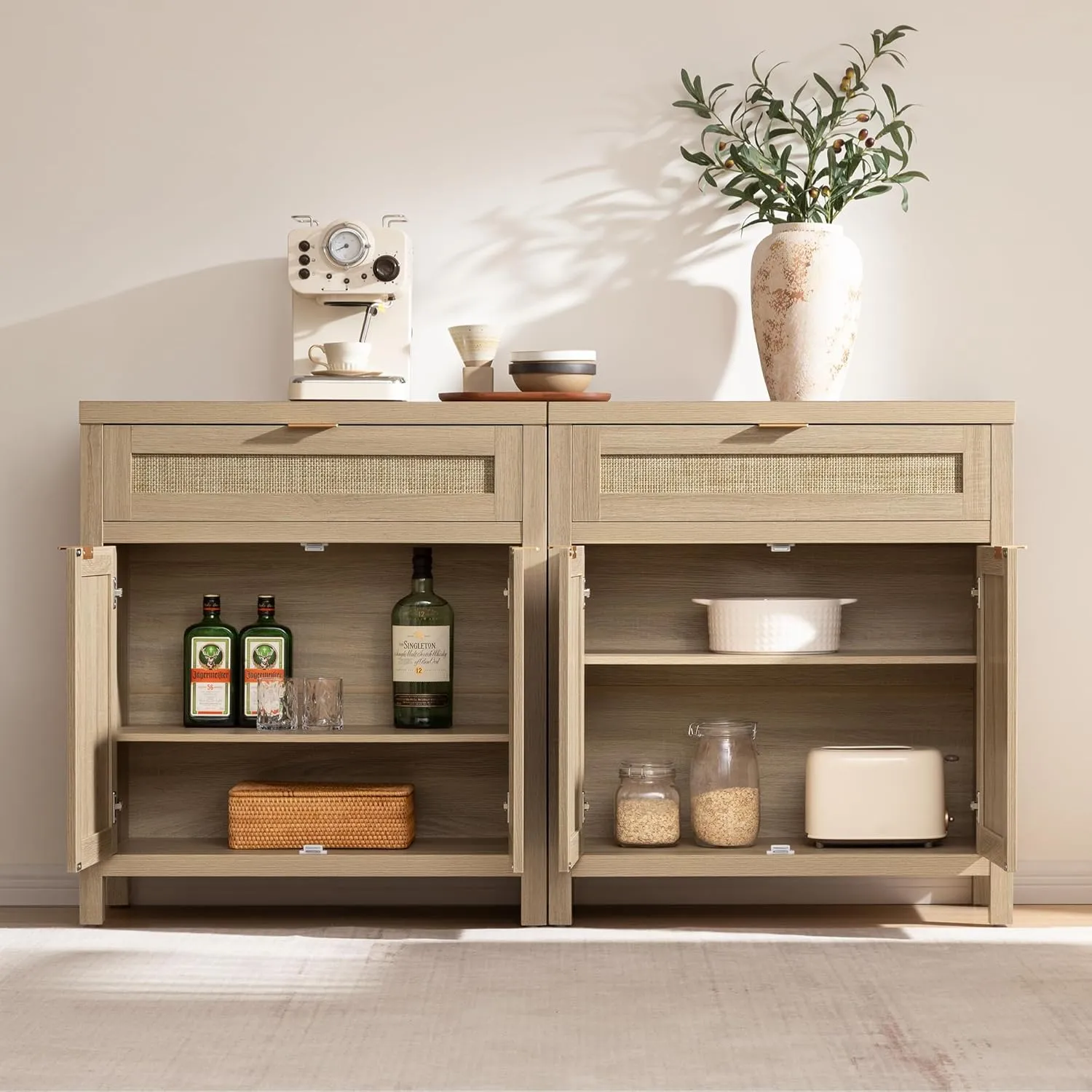 SICOTAS Sideboard Buffet Storage Cabinet Set of 3, Rattan Credenza Buffet Table, Boho Console Accent Cabinet with Doors and Drawer, Coffee Bar for Kitchen Entryway Living Room, Natural