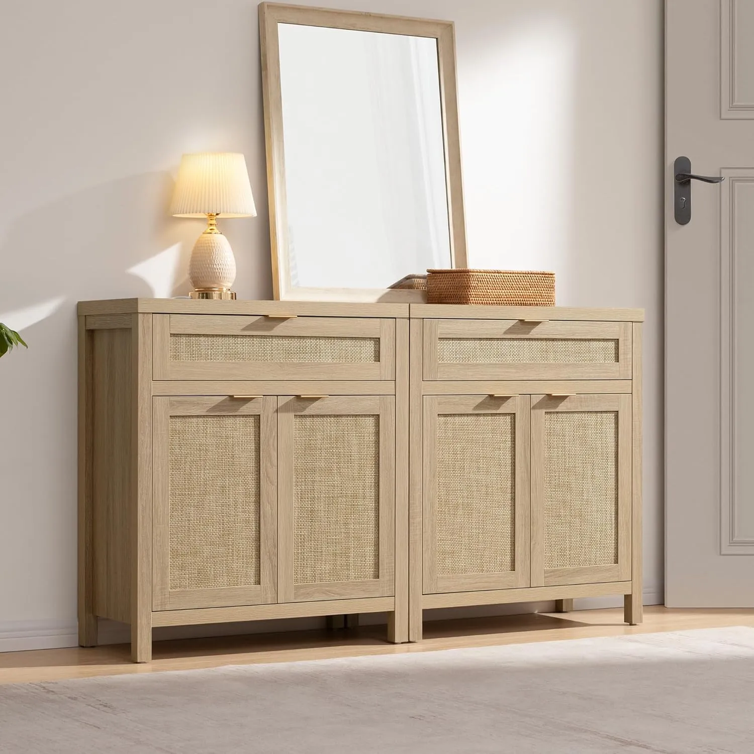 SICOTAS Sideboard Buffet Storage Cabinet Set of 3, Rattan Credenza Buffet Table, Boho Console Accent Cabinet with Doors and Drawer, Coffee Bar for Kitchen Entryway Living Room, Natural