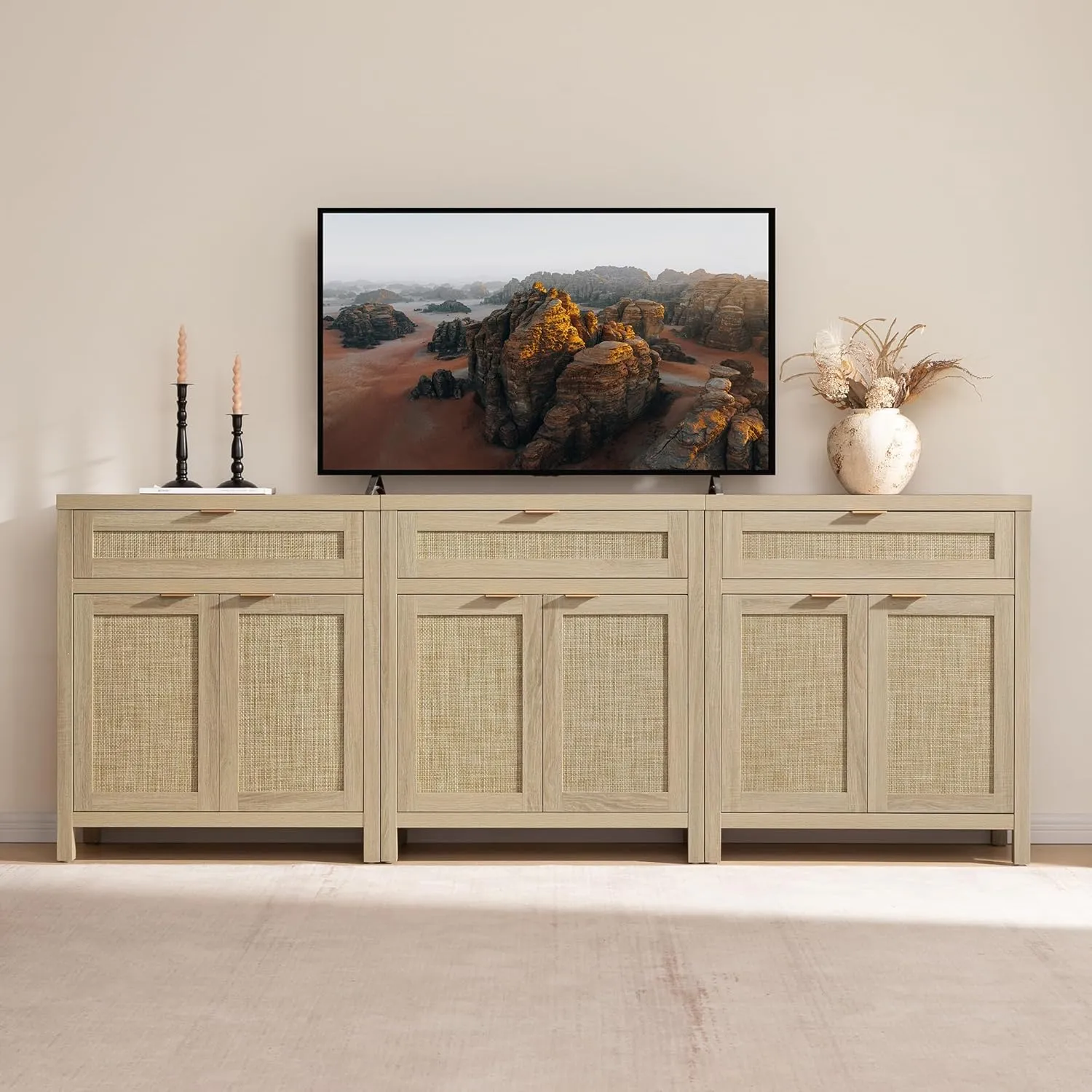 SICOTAS Sideboard Buffet Storage Cabinet Set of 3, Rattan Credenza Buffet Table, Boho Console Accent Cabinet with Doors and Drawer, Coffee Bar for Kitchen Entryway Living Room, Natural