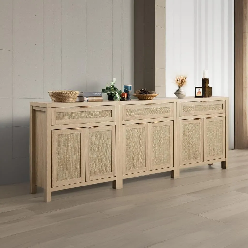 SICOTAS Sideboard Buffet Storage Cabinet Set of 3, Rattan Credenza Buffet Table, Boho Console Accent Cabinet with Doors and Drawer, Coffee Bar for Kitchen Entryway Living Room, Natural