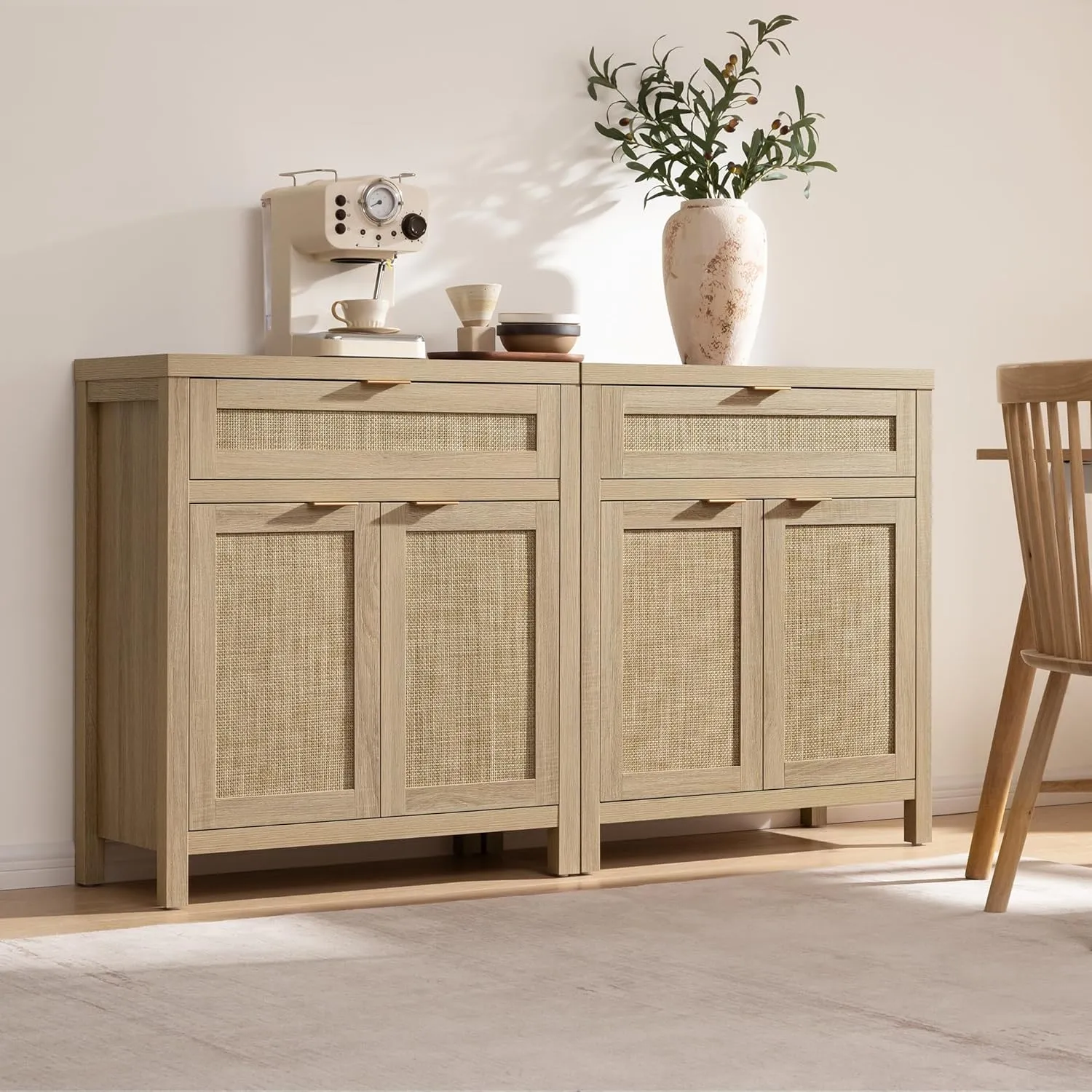 SICOTAS Sideboard Buffet Storage Cabinet Set of 3, Rattan Credenza Buffet Table, Boho Console Accent Cabinet with Doors and Drawer, Coffee Bar for Kitchen Entryway Living Room, Natural