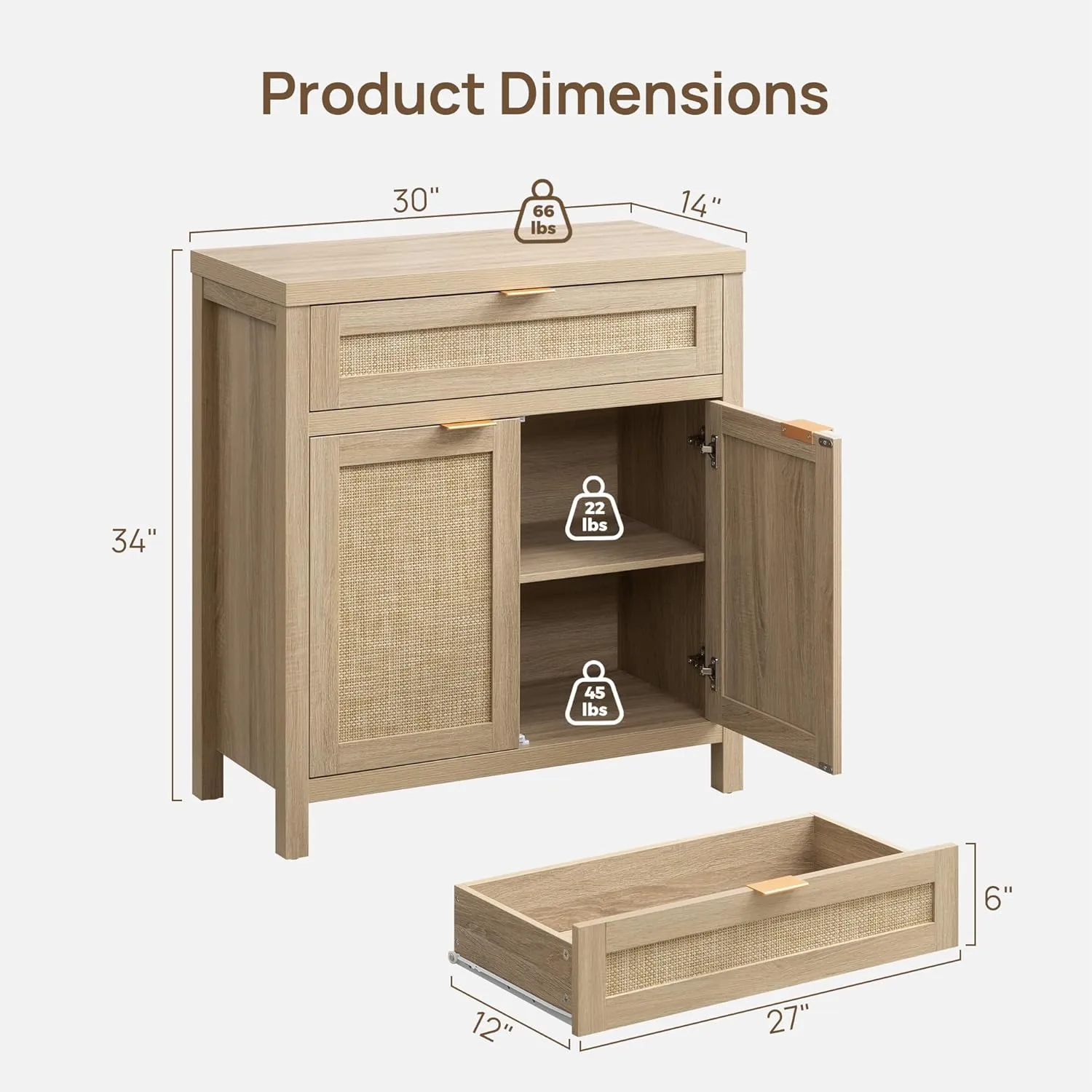 SICOTAS Sideboard Buffet Storage Cabinet Set of 3, Rattan Credenza Buffet Table, Boho Console Accent Cabinet with Doors and Drawer, Coffee Bar for Kitchen Entryway Living Room, Natural