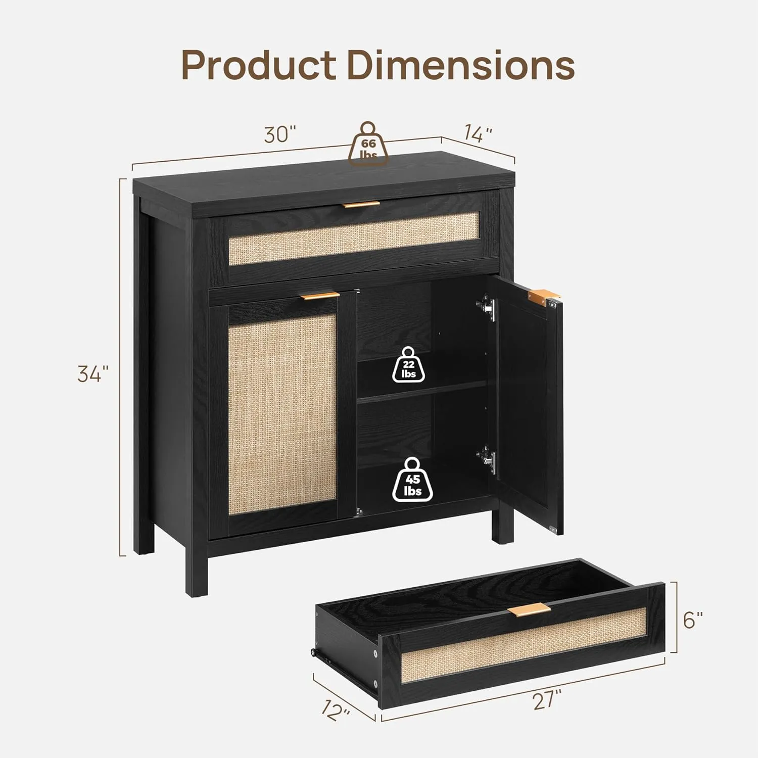 SICOTAS Sideboard Buffet Storage Cabinet Set of 3, Rattan Credenza Buffet Table, Modern Console Accent Cabinet with Doors and Drawer, Coffee Bar for Kitchen Entryway Living Room, Black