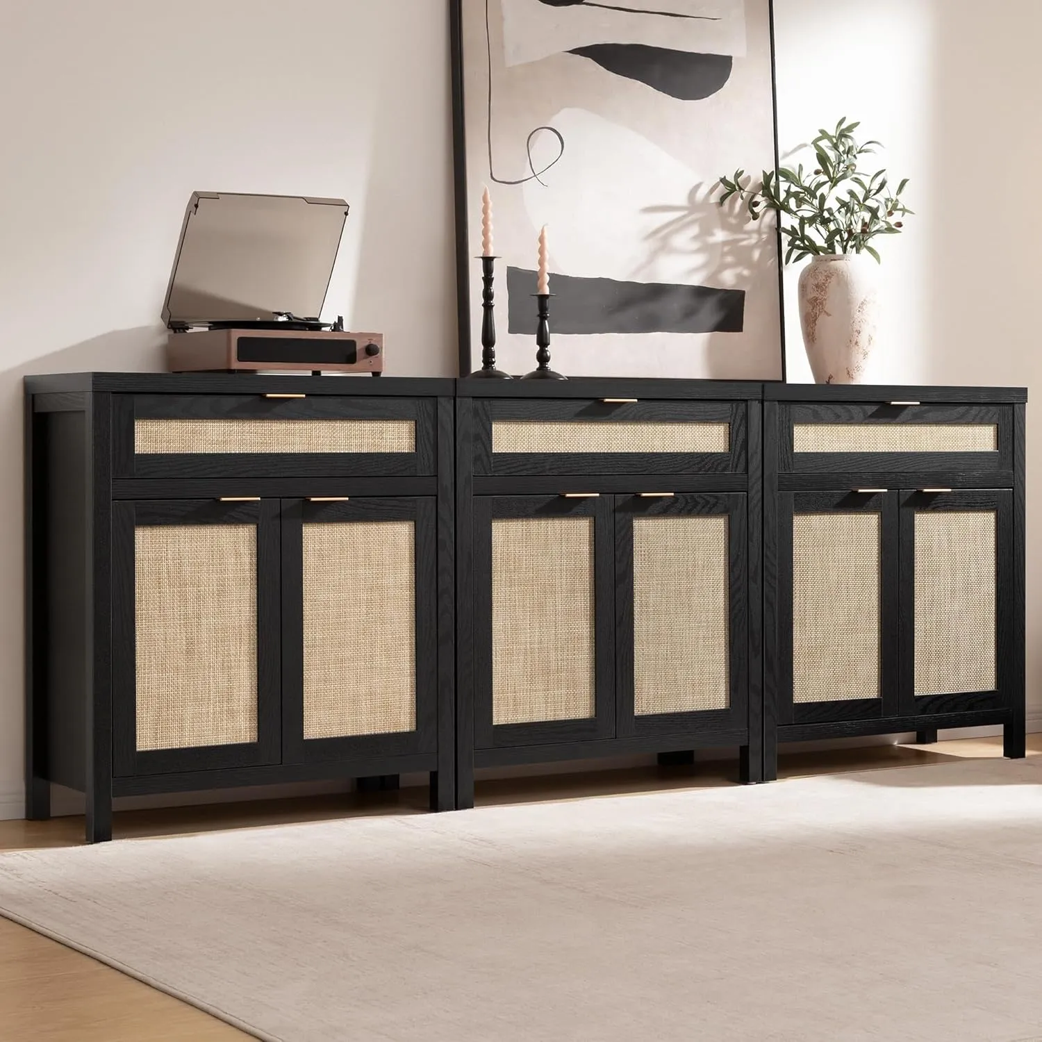 SICOTAS Sideboard Buffet Storage Cabinet Set of 3, Rattan Credenza Buffet Table, Modern Console Accent Cabinet with Doors and Drawer, Coffee Bar for Kitchen Entryway Living Room, Black
