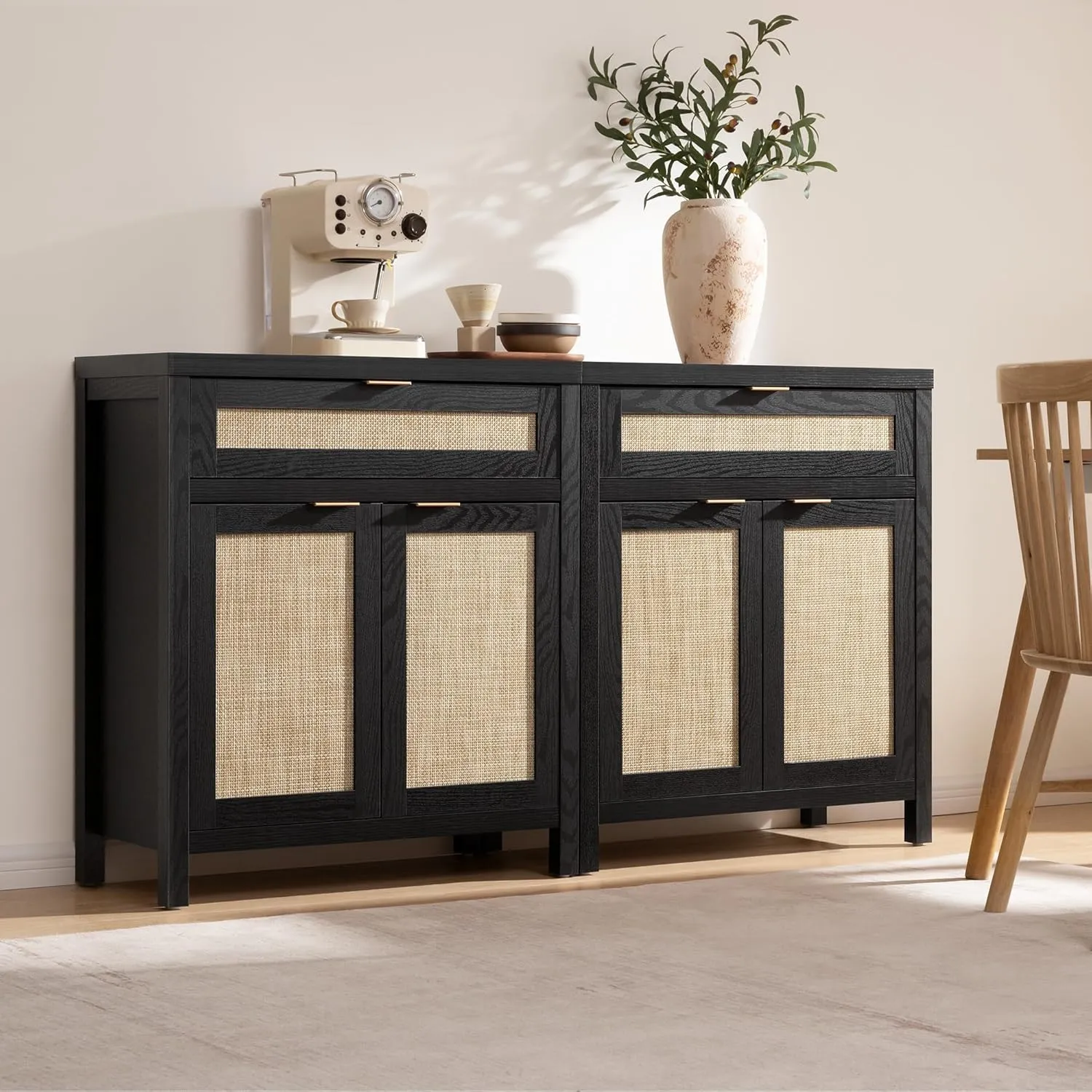 SICOTAS Sideboard Buffet Storage Cabinet Set of 3, Rattan Credenza Buffet Table, Modern Console Accent Cabinet with Doors and Drawer, Coffee Bar for Kitchen Entryway Living Room, Black